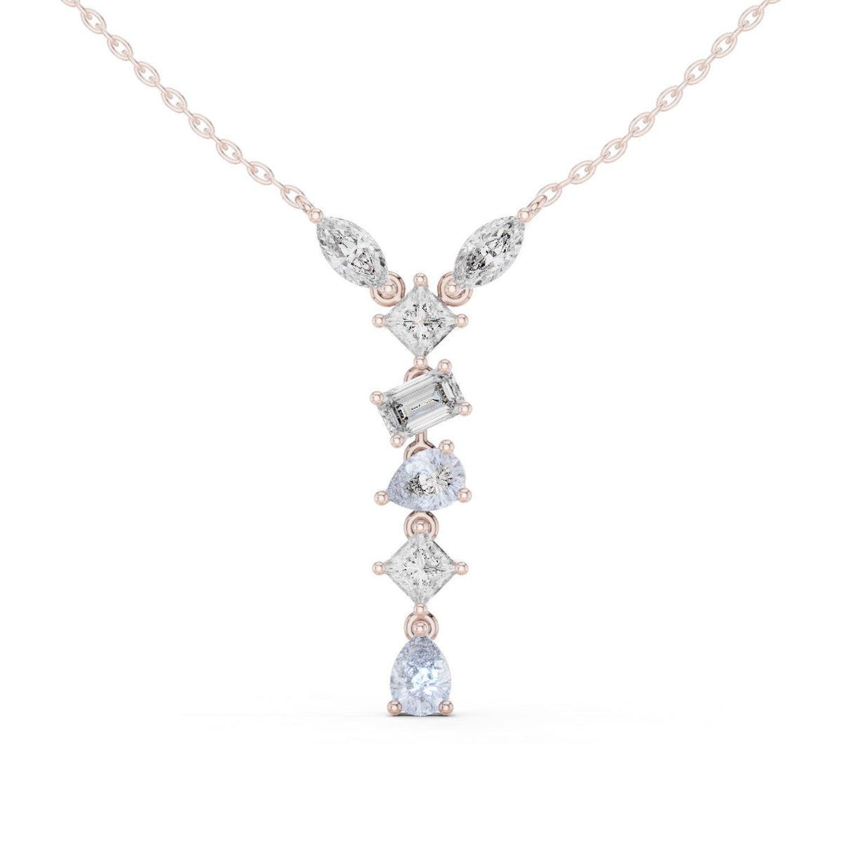 Marquise, Princess & Baguette Moissanite V-Drop Necklace – 925 Sterling Silver, 18K Gold Vermeil
