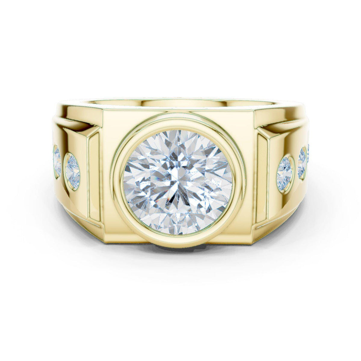 Men's Round Bezel-Set Moissanite Signet Ring with Side Stones – 925 Sterling Silver, 18K Gold Vermeil