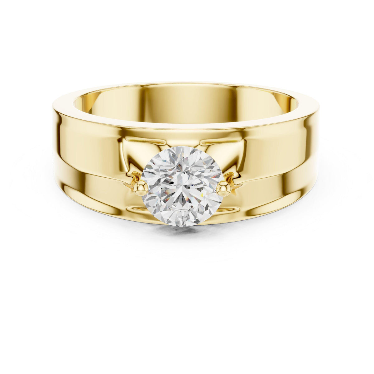 Men's Round Moissanite Ring with Winged Prongs, Flat Band – 925 Sterling Silver, 18K Gold Vermeil