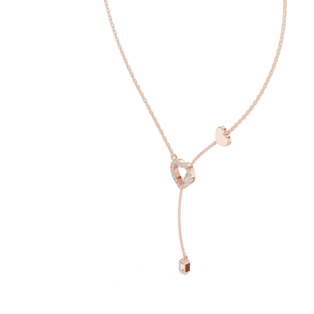 Heart Moissanite Lariat Necklace with Emerald-Cut Drop – 925 Sterling Silver, 18K Gold Vermeil