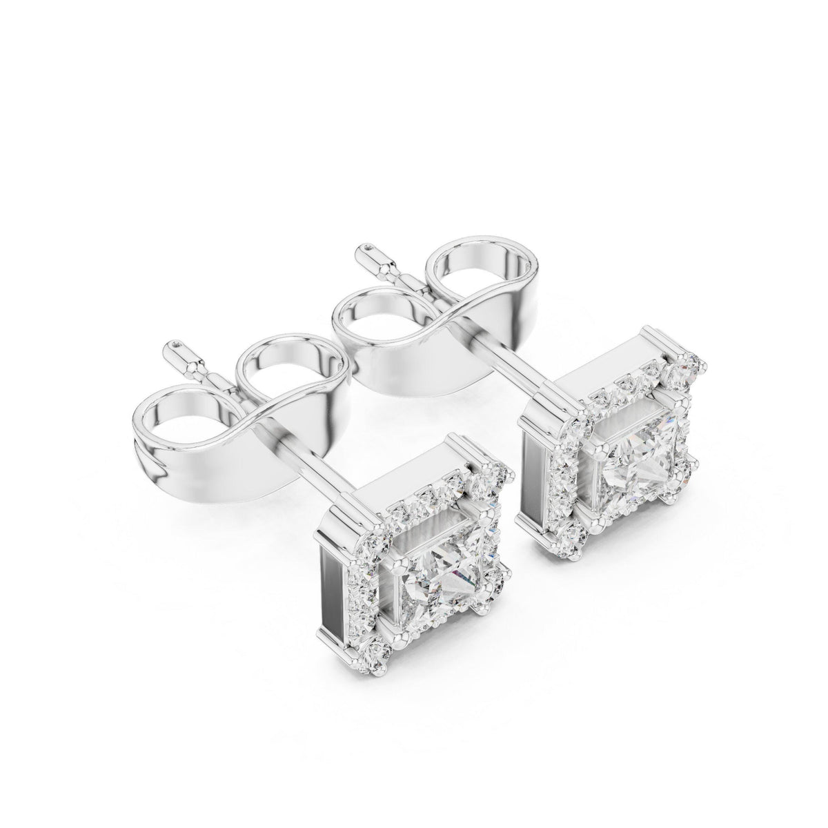 Princess Moissanite Square Halo Stud Earrings – 925 Sterling Silver, 18K Gold Vermeil