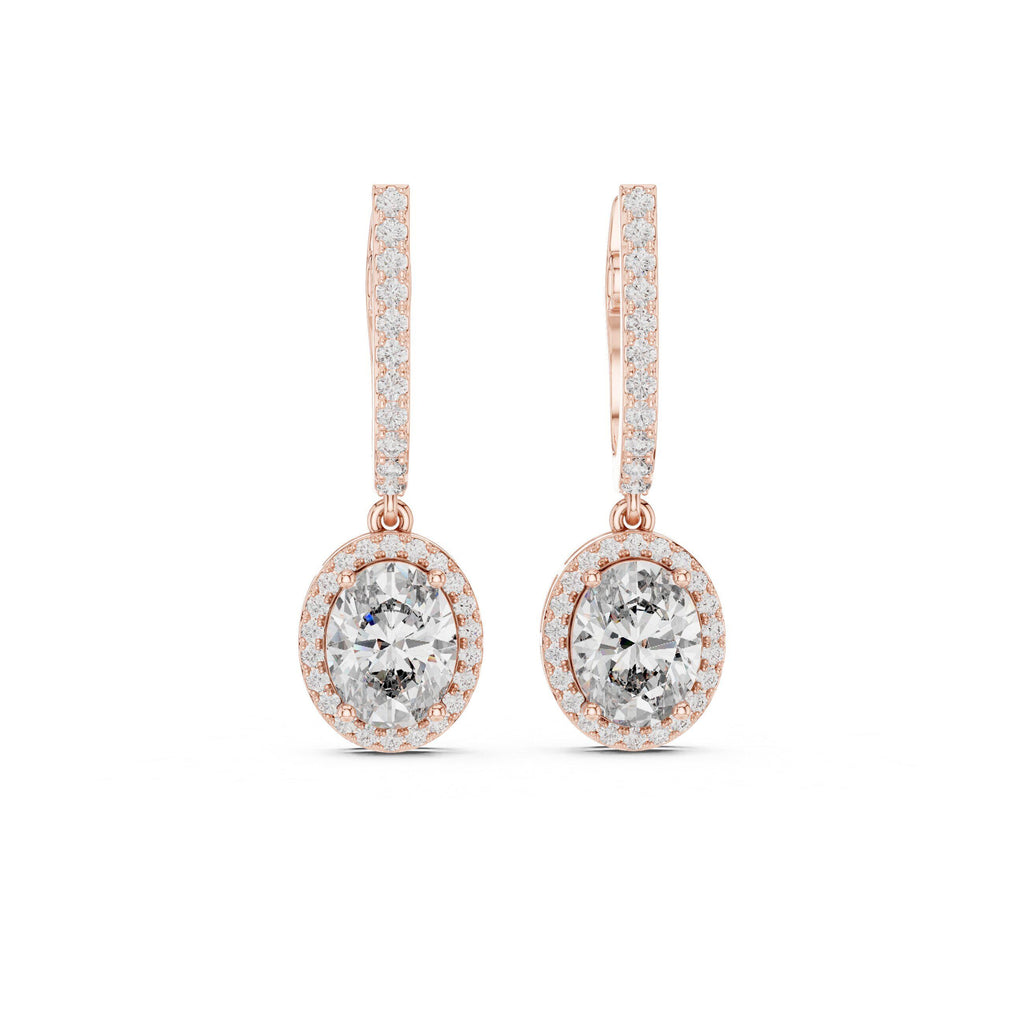 Oval Moissanite Halo Lever Drop Earrings – 925 Sterling Silver, 18K Gold Vermeil