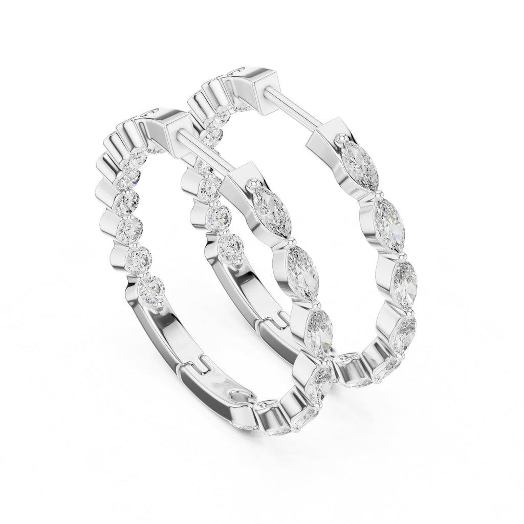 Marquise & Round Moissanite Station Hoop Earrings – 925 Sterling Silver, 18K Gold Vermeil