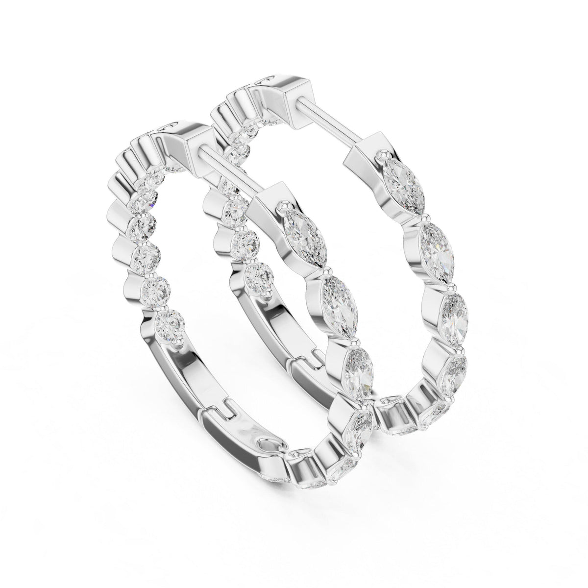 Marquise & Round Moissanite Station Hoop Earrings – 925 Sterling Silver, 18K Gold Vermeil