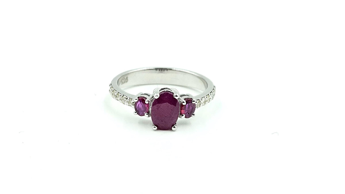 Oval Ruby Three-Stone Ring with Diamond Band – 925 Sterling Silver, 18K White Gold Vermeil