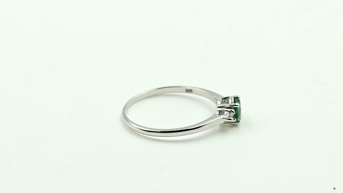 Oval Emerald Solitaire Ring with Diamond Accents – 925 Sterling Silver, 18K White Gold Vermeil
