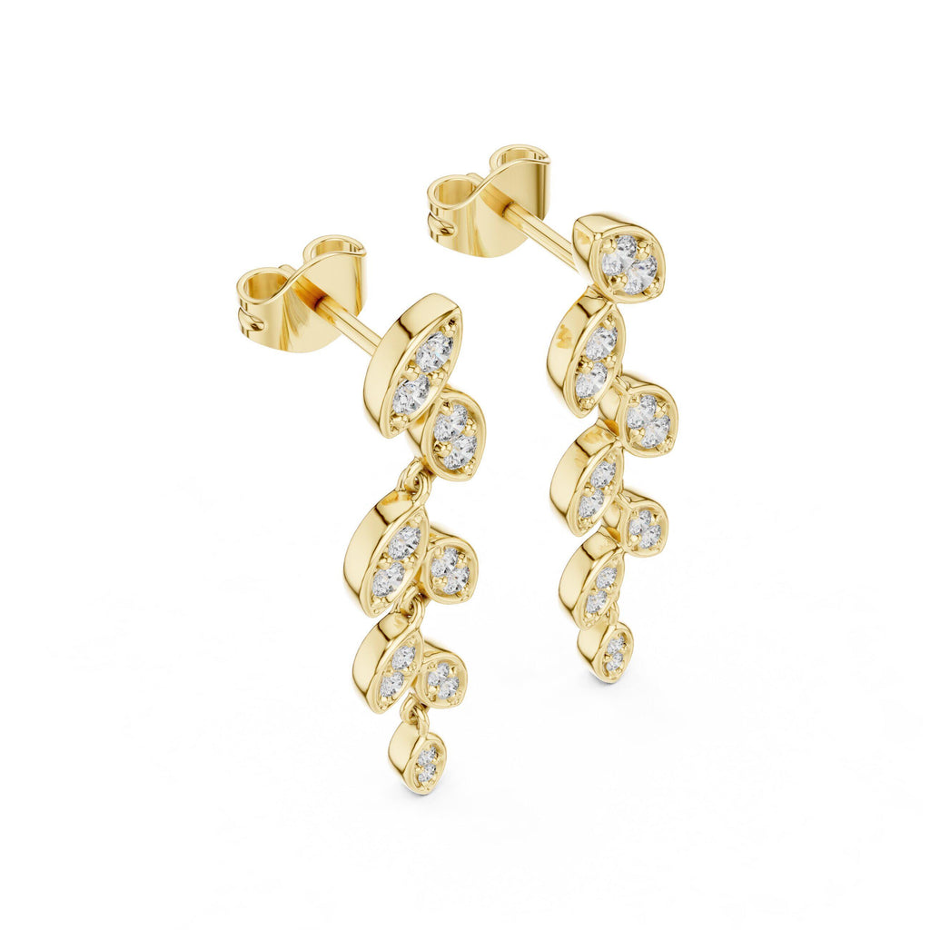 Moissanite Pavé Leaf Vine Drop Earrings – 925 Sterling Silver, 18K Gold Vermeil