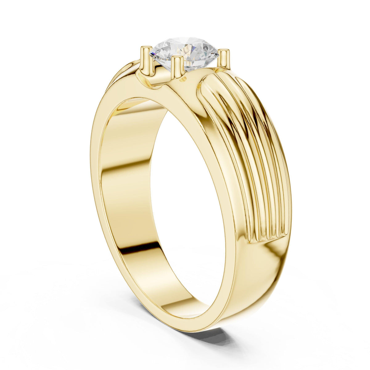 Men's Round Moissanite Solitaire Ring, Grooved Shoulders – 925 Sterling Silver, 18K Gold Vermeil