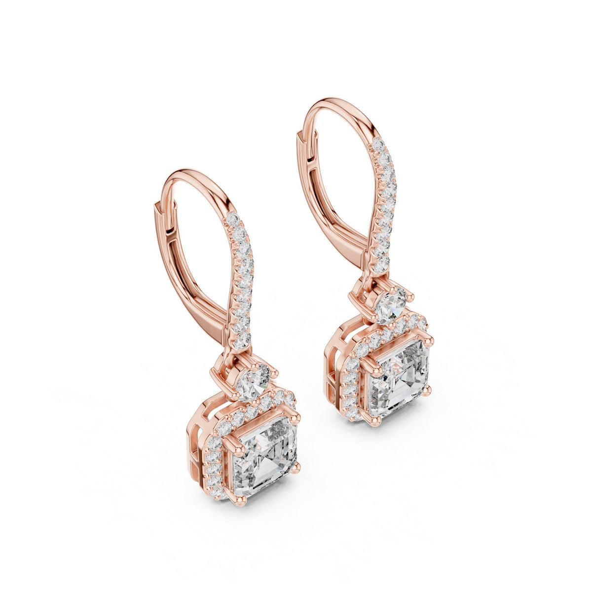 Asscher-Cut Moissanite Halo Drop Earrings – 925 Sterling Silver, 18K Gold Vermeil