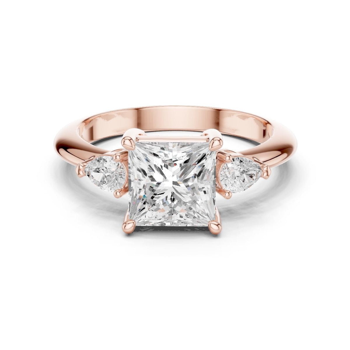 Princess-Cut Moissanite Three-Stone Ring with Pear Side Stones – 925 Sterling Silver, 18K Gold Vermeil