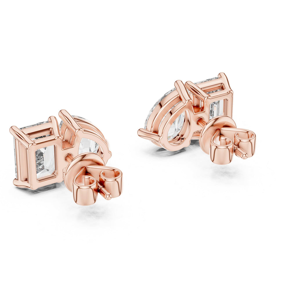 Heart & Emerald-Cut Moissanite Toi et Moi Stud Earrings – 925 Sterling Silver, 18K Gold Vermeil