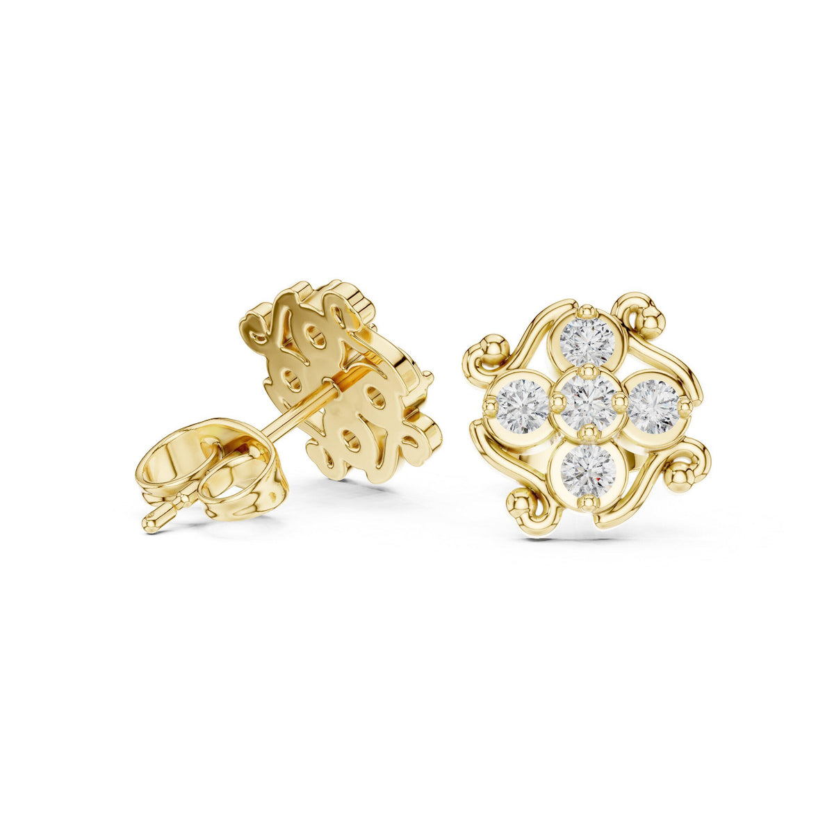 Moissanite Scroll Filigree Cluster Stud Earrings – 925 Sterling Silver, 18K Gold Vermeil