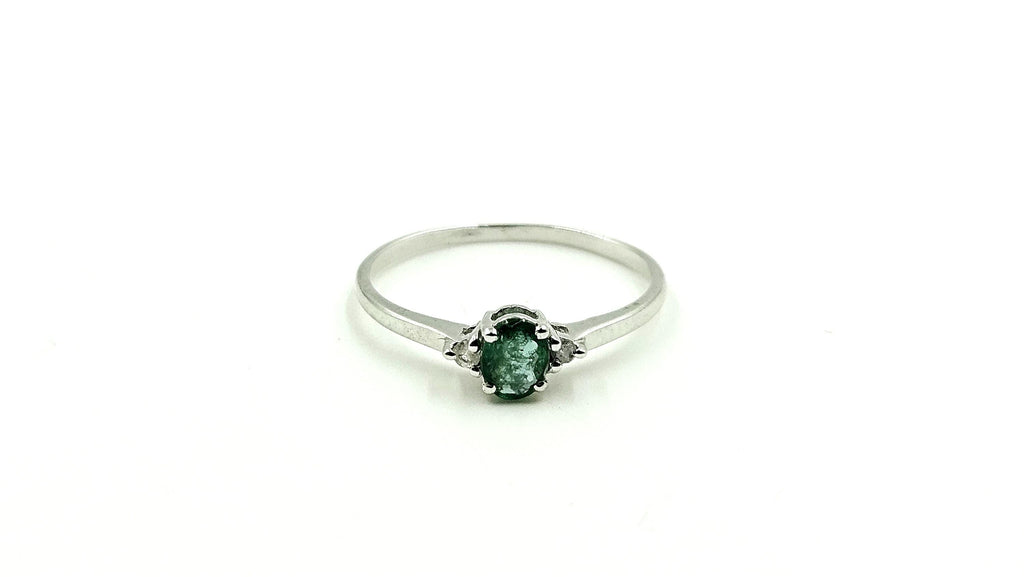 Oval Emerald Solitaire Ring with Diamond Accents – 925 Sterling Silver, 18K White Gold Vermeil