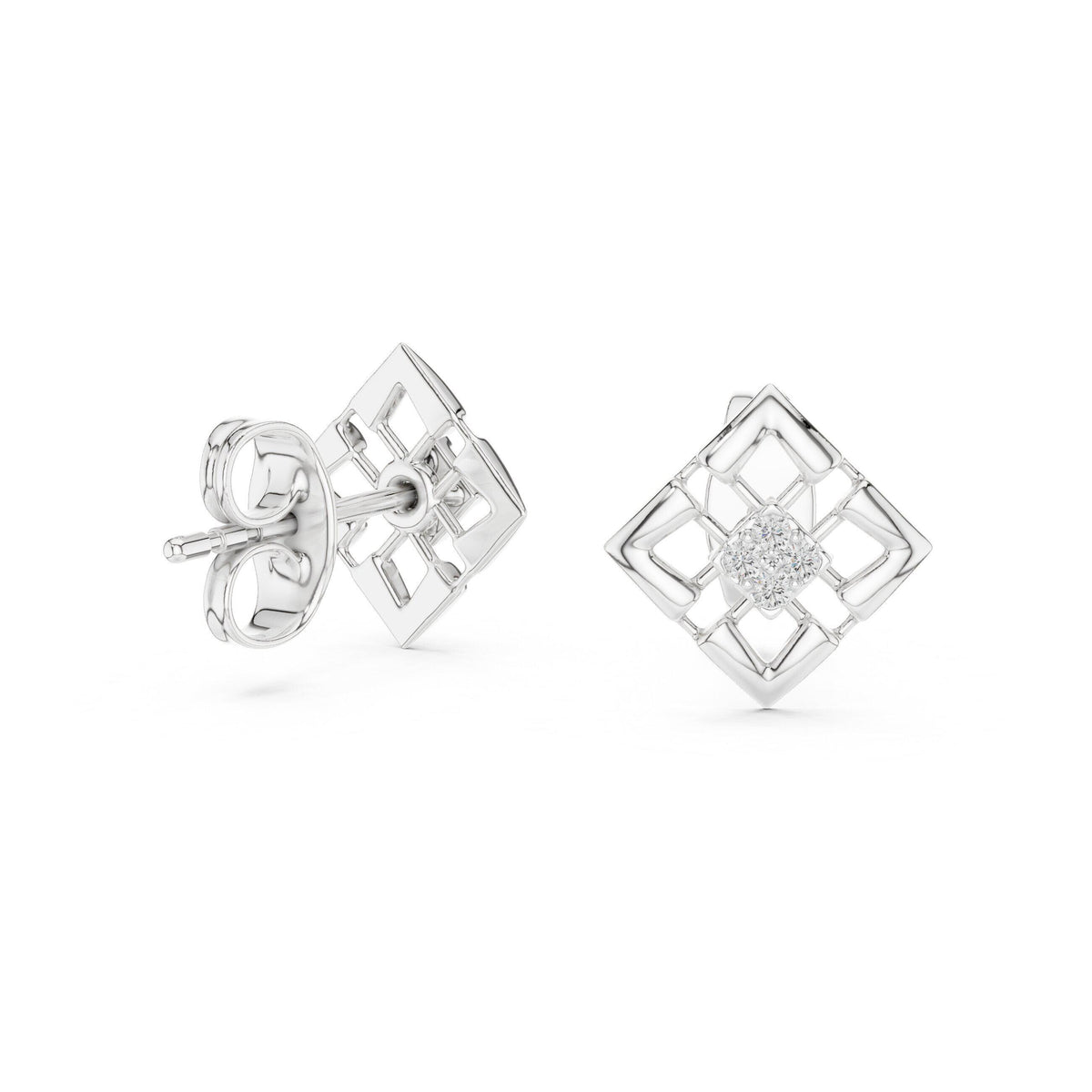Moissanite Open Square Lattice Stud Earrings – 925 Sterling Silver, 18K Gold Vermeil