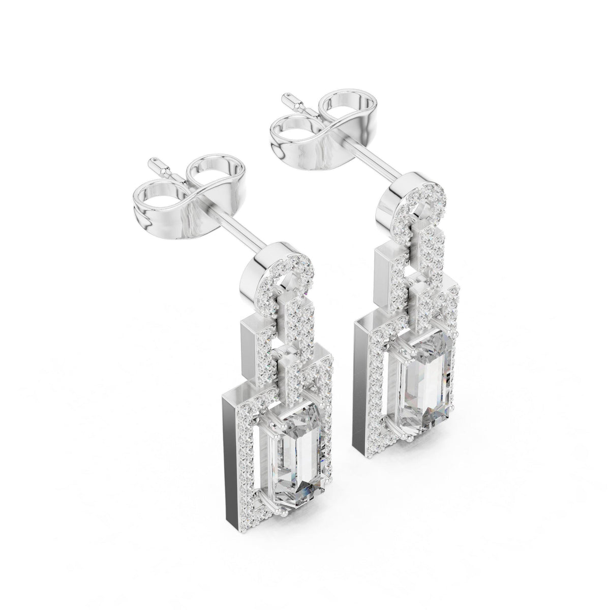 Emerald-Cut Moissanite Geometric Halo Drop Earrings – 925 Sterling Silver, 18K Gold Vermeil