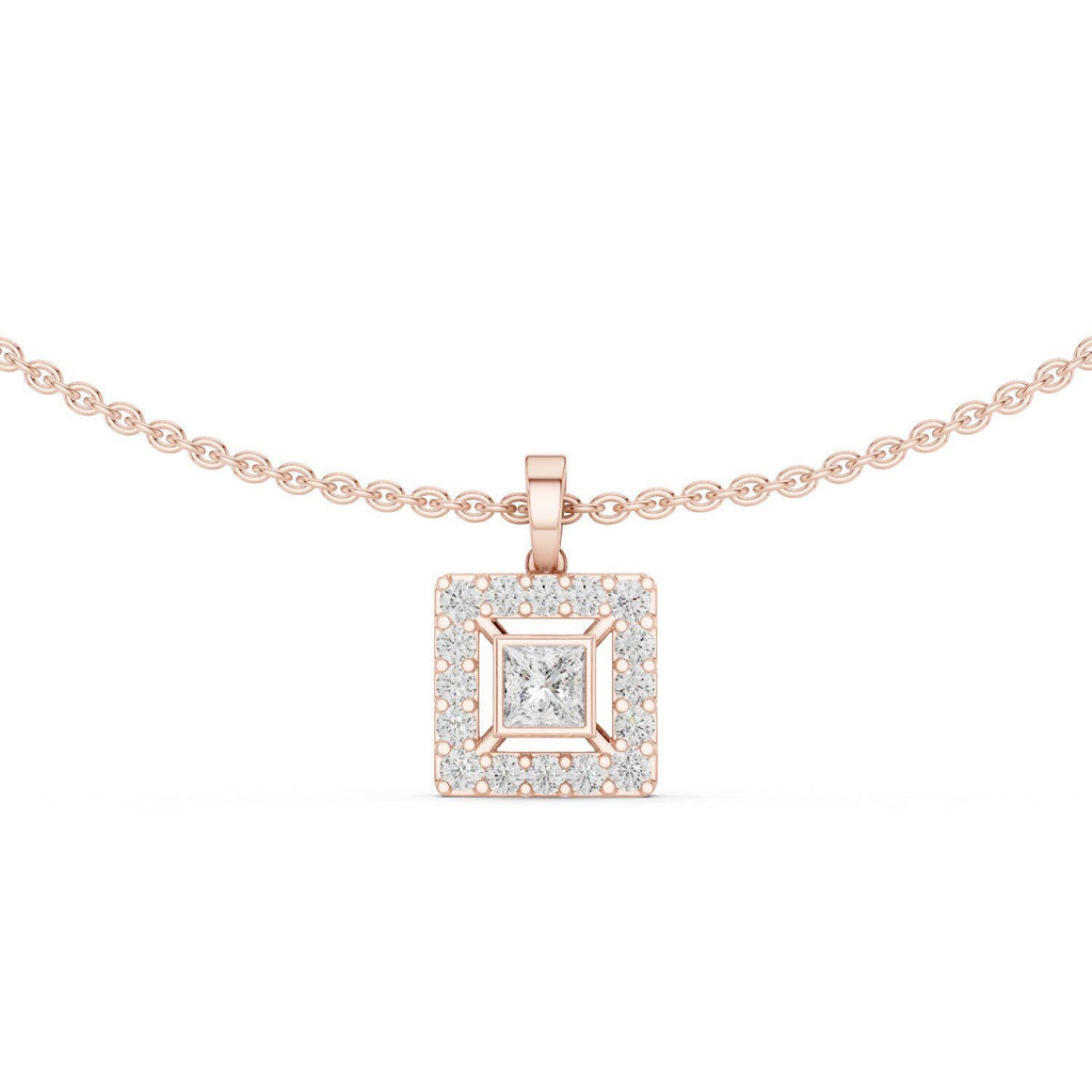 Princess Moissanite Square-Halo Pendant Necklace – 925 Sterling Silver, 18K Gold Vermeil