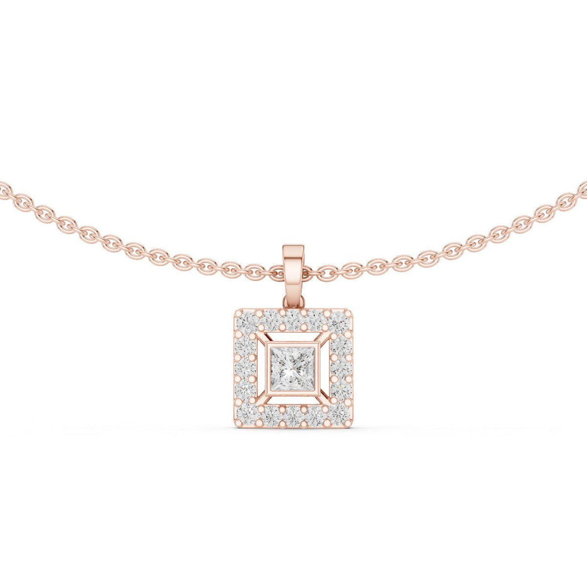 Princess Moissanite Square-Halo Pendant Necklace – 925 Sterling Silver, 18K Gold Vermeil