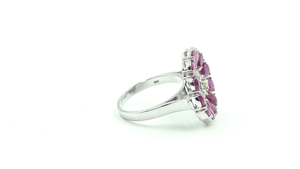 Ruby & Diamond Flower Cluster Ring – 925 Sterling Silver, 18K White Gold Vermeil