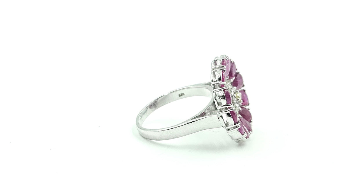 Ruby & Diamond Flower Cluster Ring – 925 Sterling Silver, 18K White Gold Vermeil