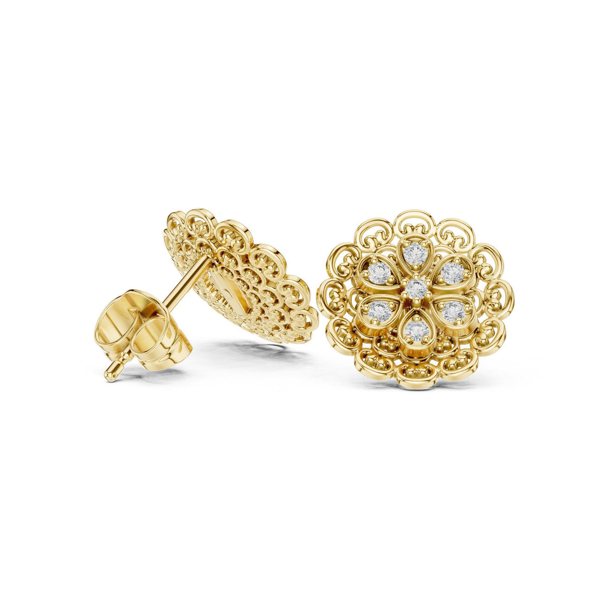 Moissanite Filigree Medallion Stud Earrings – 925 Sterling Silver, 18K Gold Vermeil