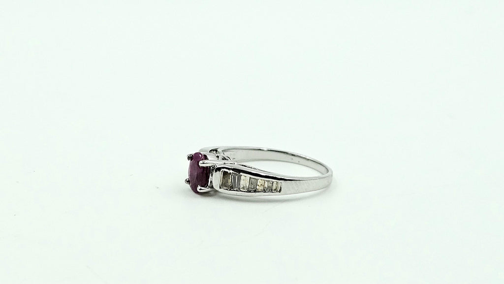 Oval Ruby & Baguette Diamond Ring – 925 Sterling Silver, 18K White Gold Vermeil
