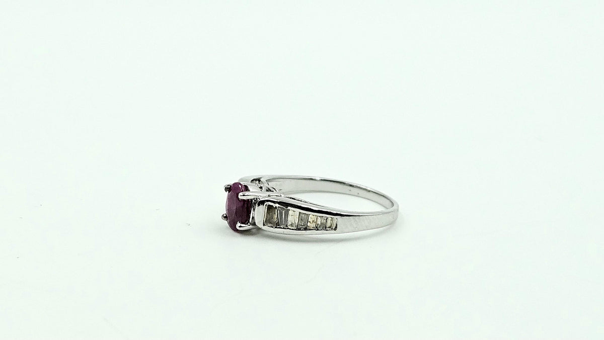 Oval Ruby & Baguette Diamond Ring – 925 Sterling Silver, 18K White Gold Vermeil