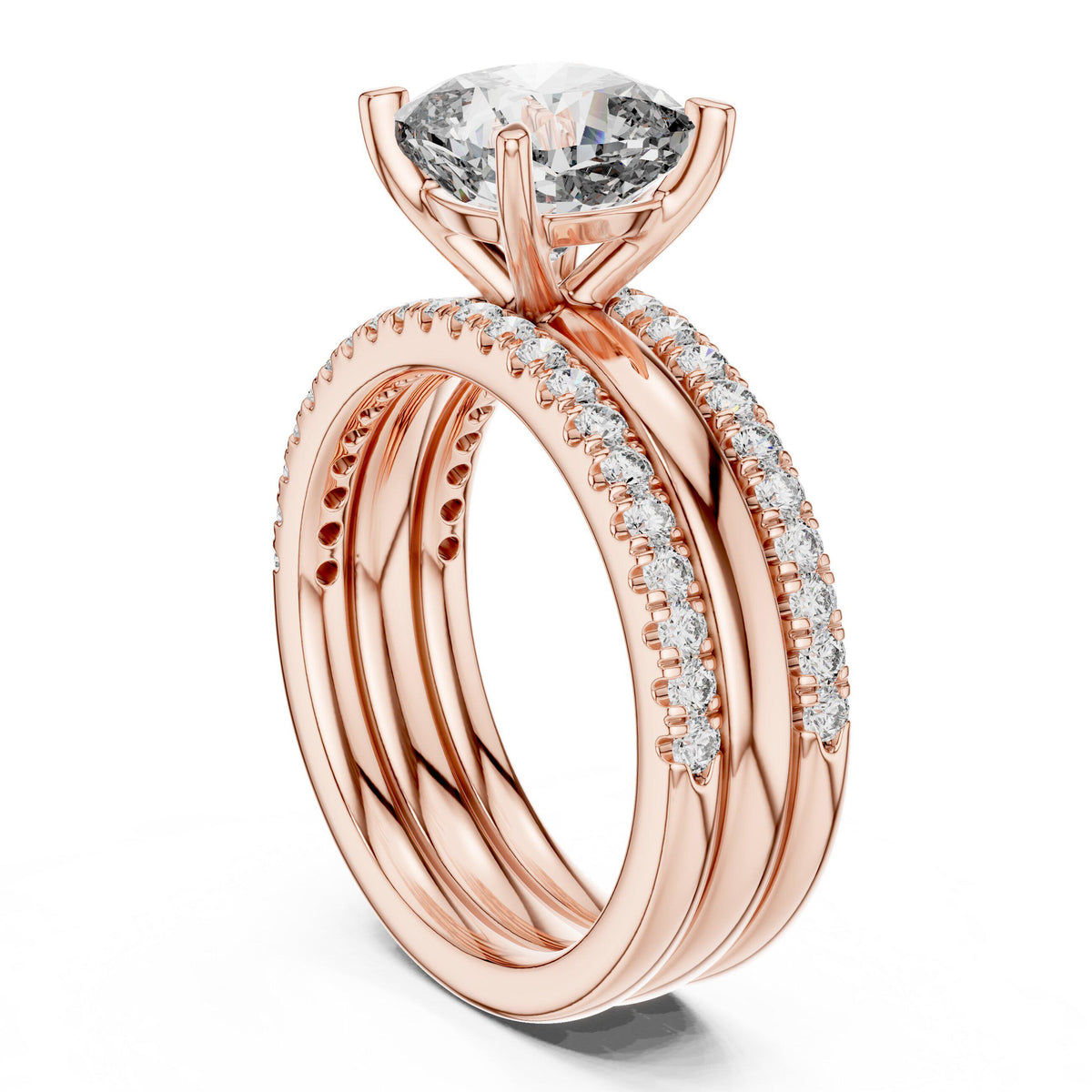 Cushion Moissanite Ring with Stacked Triple Band, 8mm – 925 Sterling Silver, 18K Gold Vermeil