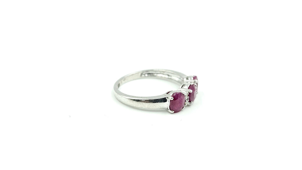 Three-Stone Ruby Ring with Diamond Accents – 925 Sterling Silver, 18K White Gold Vermeil