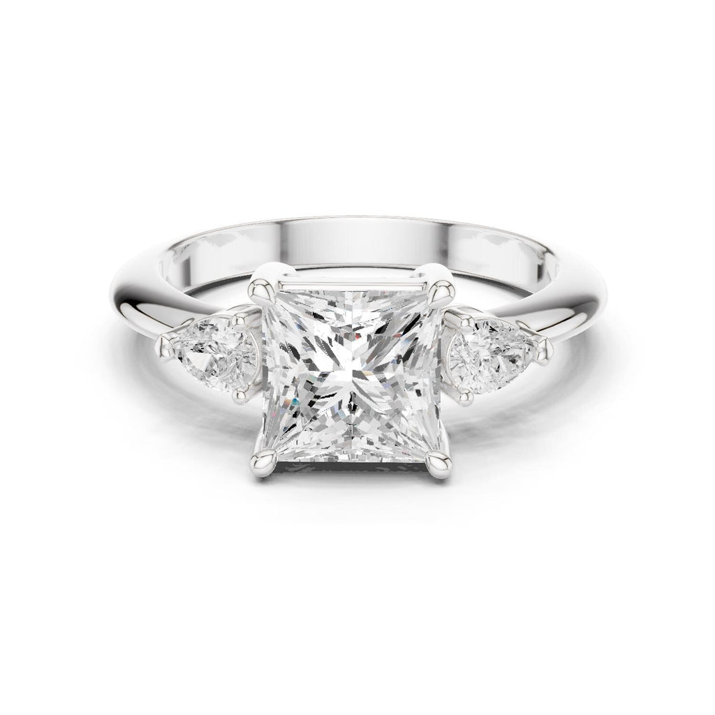 Princess-Cut Moissanite Three-Stone Ring with Pear Side Stones – 925 Sterling Silver, 18K Gold Vermeil