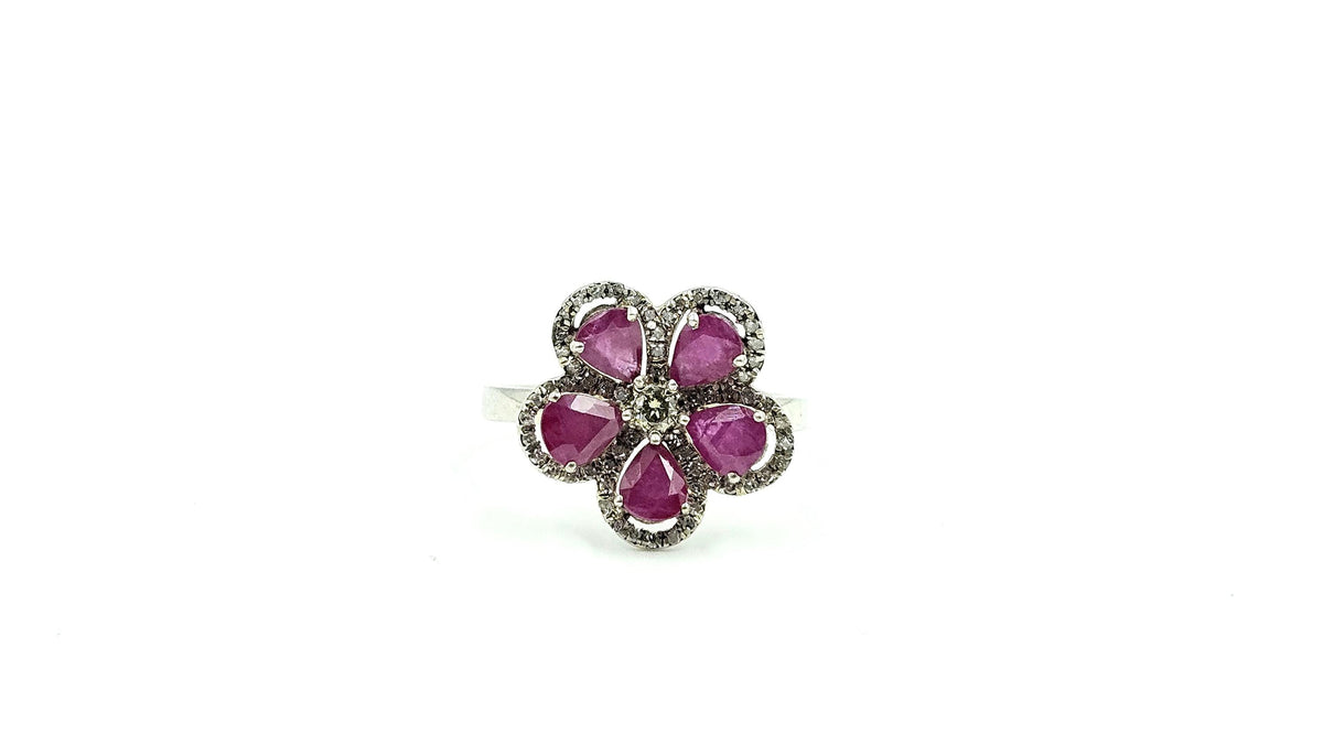 Five-Petal Pear Ruby Flower Ring – 925 Sterling Silver, 18K White Gold Vermeil