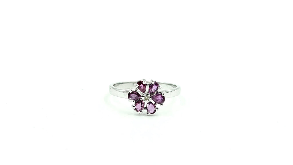 Pear Ruby Flower Ring with Diamond Centre – 925 Sterling Silver, 18K White Gold Vermeil