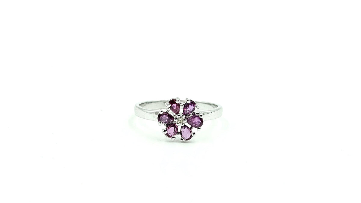 Pear Ruby Flower Ring with Diamond Centre – 925 Sterling Silver, 18K White Gold Vermeil