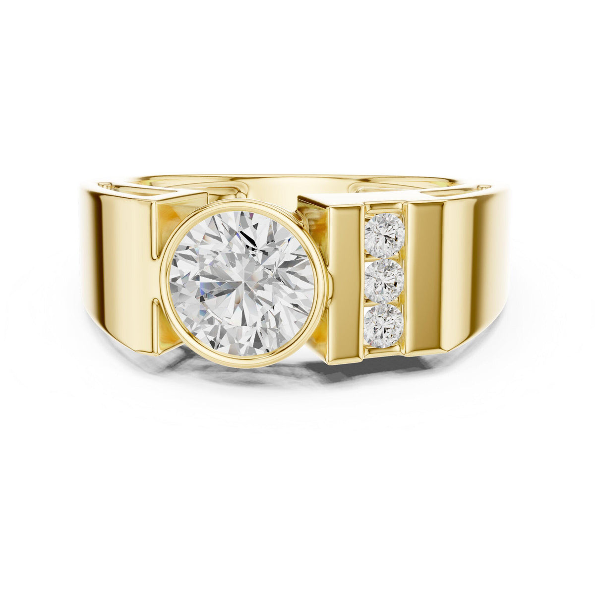 Men's Round Moissanite Ring with Pavé Side Panel – 925 Sterling Silver, 18K Gold Vermeil