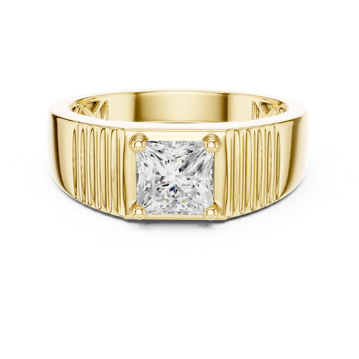 Men's Princess-Cut Moissanite Ring, Grooved Wide Band – 925 Sterling Silver, 18K Gold Vermeil