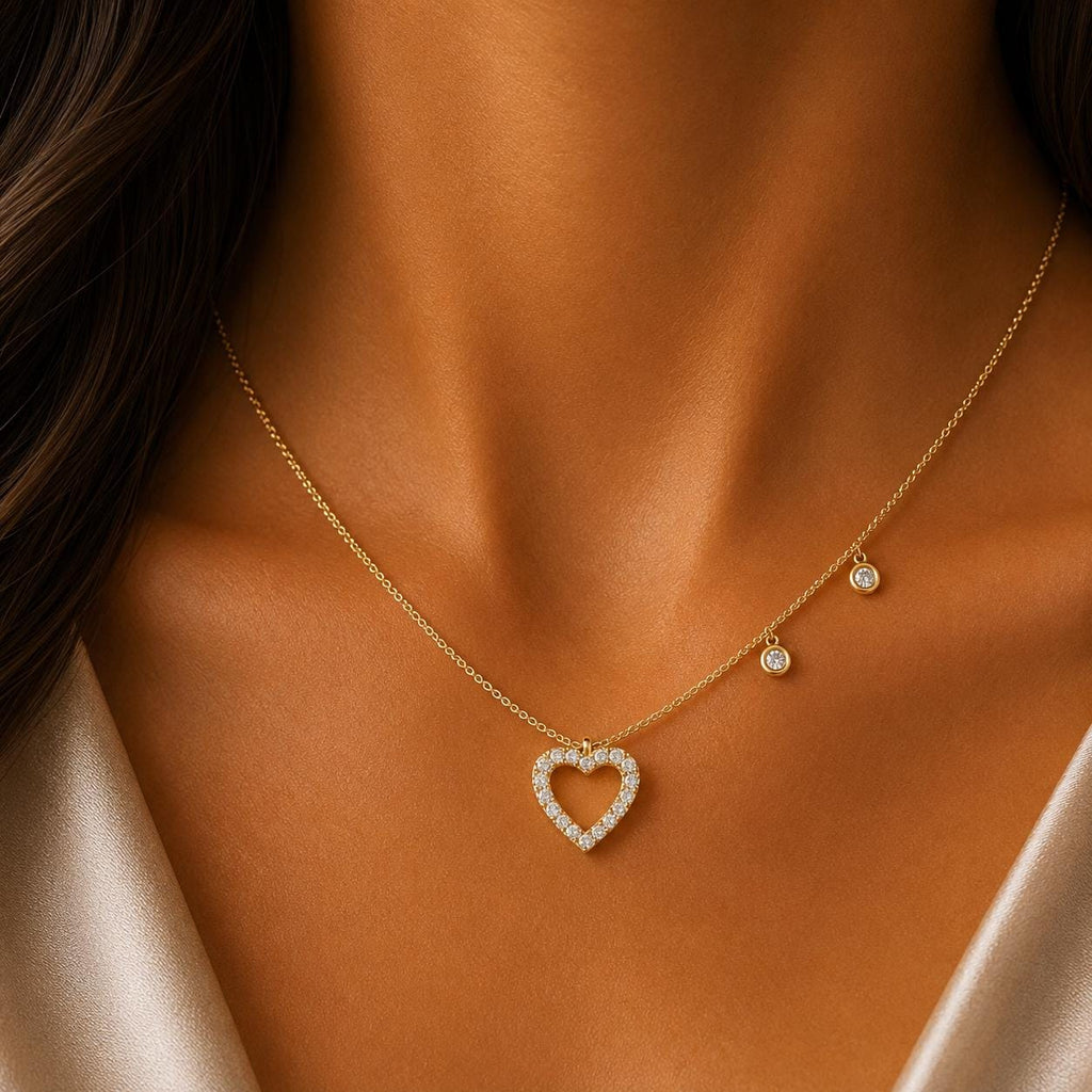 Heart Moissanite Pendant Necklace with Round Charms – 925 Sterling Silver, 18K Gold Vermeil