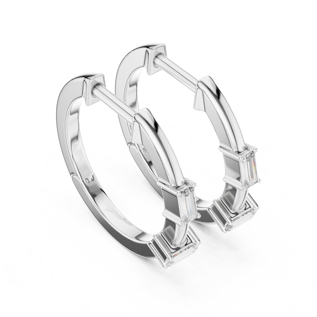 Baguette Moissanite Station Hoop Earrings – 925 Sterling Silver, 18K Gold Vermeil