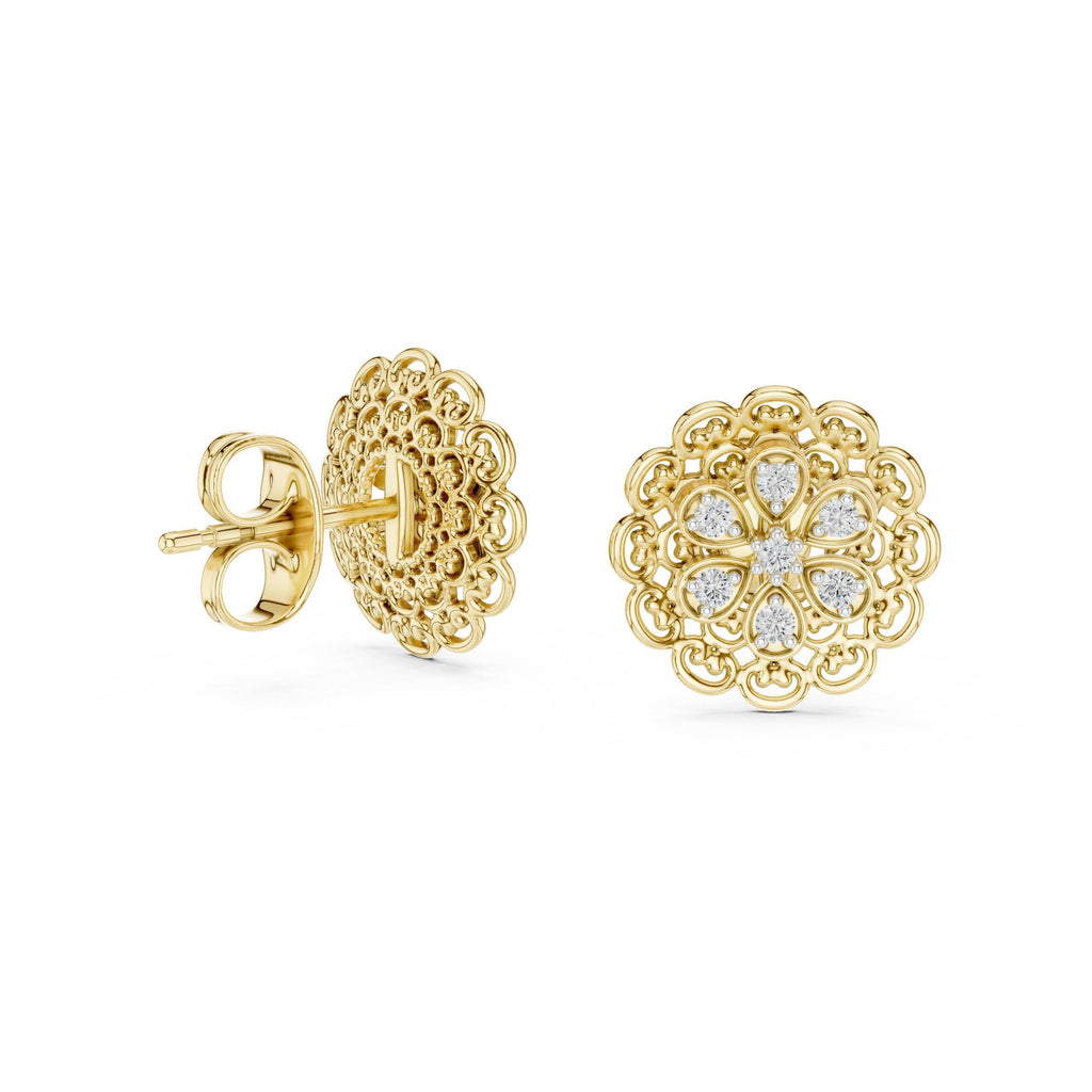 Moissanite Filigree Flower Stud Earrings – 925 Sterling Silver, 18K Gold Vermeil