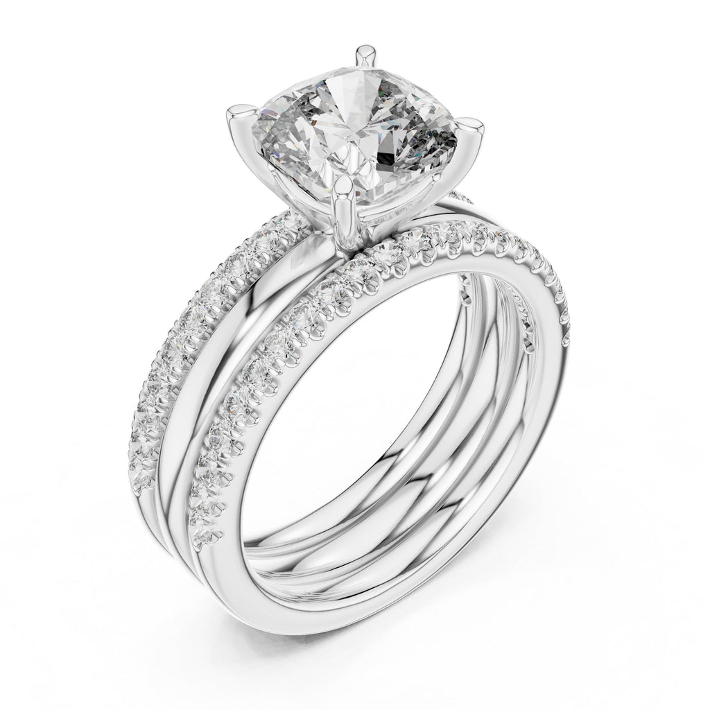 Cushion Moissanite Ring with Stacked Triple Band, 8mm – 925 Sterling Silver, 18K Gold Vermeil