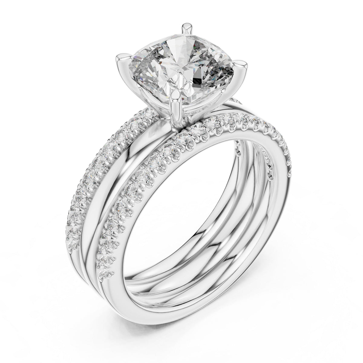 Cushion Moissanite Ring with Stacked Triple Band, 8mm – 925 Sterling Silver, 18K Gold Vermeil