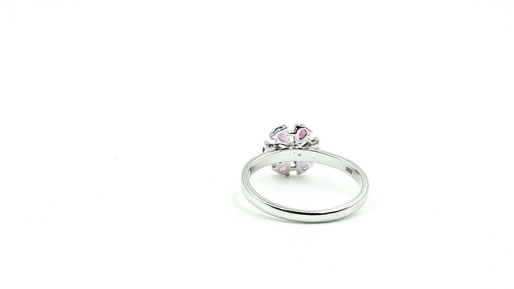 Pear Ruby Flower Ring with Diamond Centre – 925 Sterling Silver, 18K White Gold Vermeil
