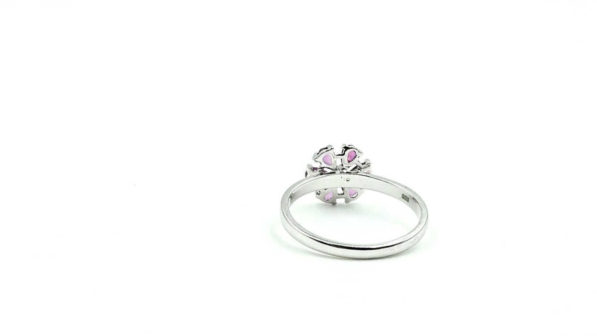 Pear Ruby Flower Ring with Diamond Centre – 925 Sterling Silver, 18K White Gold Vermeil