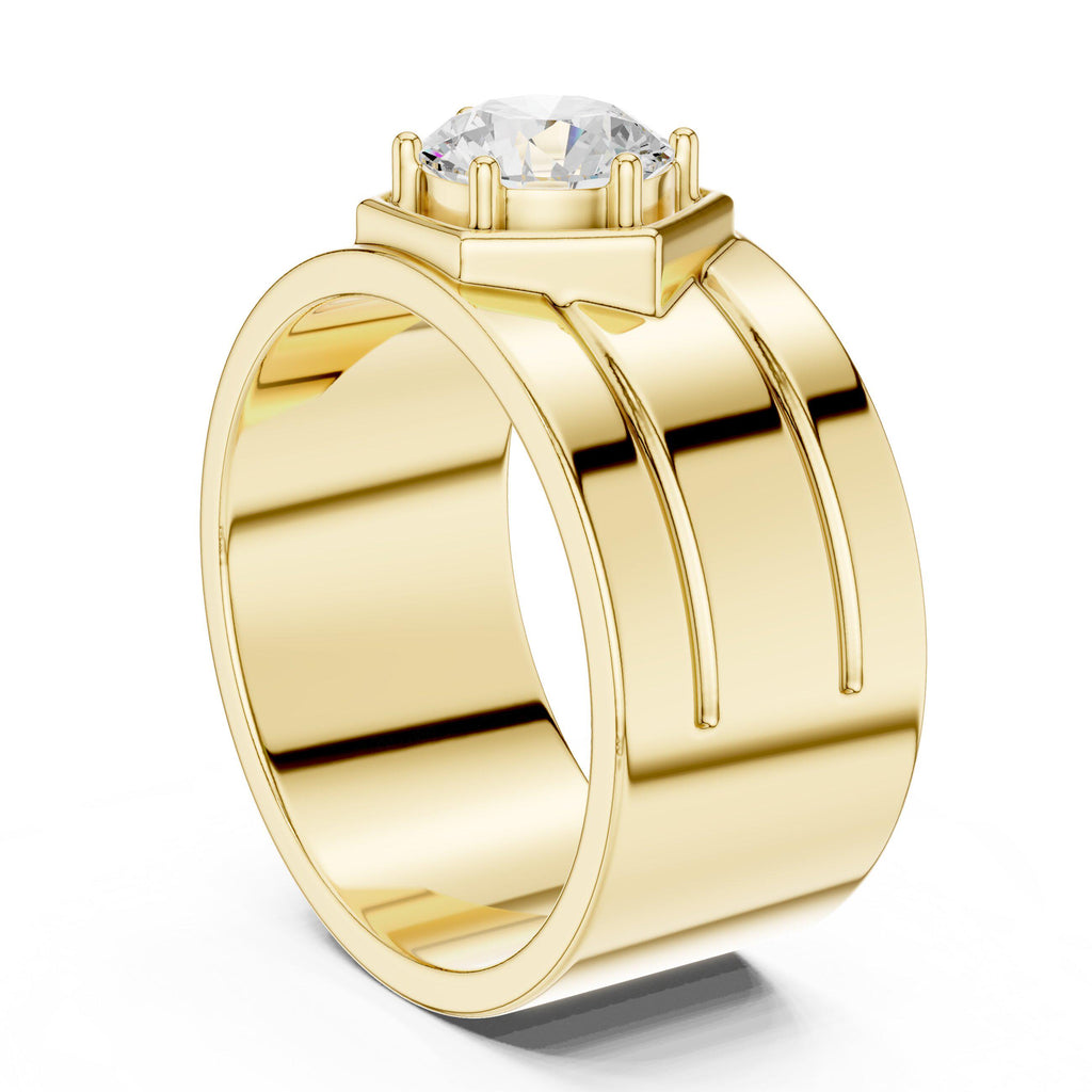 Men's Round Moissanite Ring with Hexagon Frame, Wide Band – 925 Sterling Silver, 18K Gold Vermeil