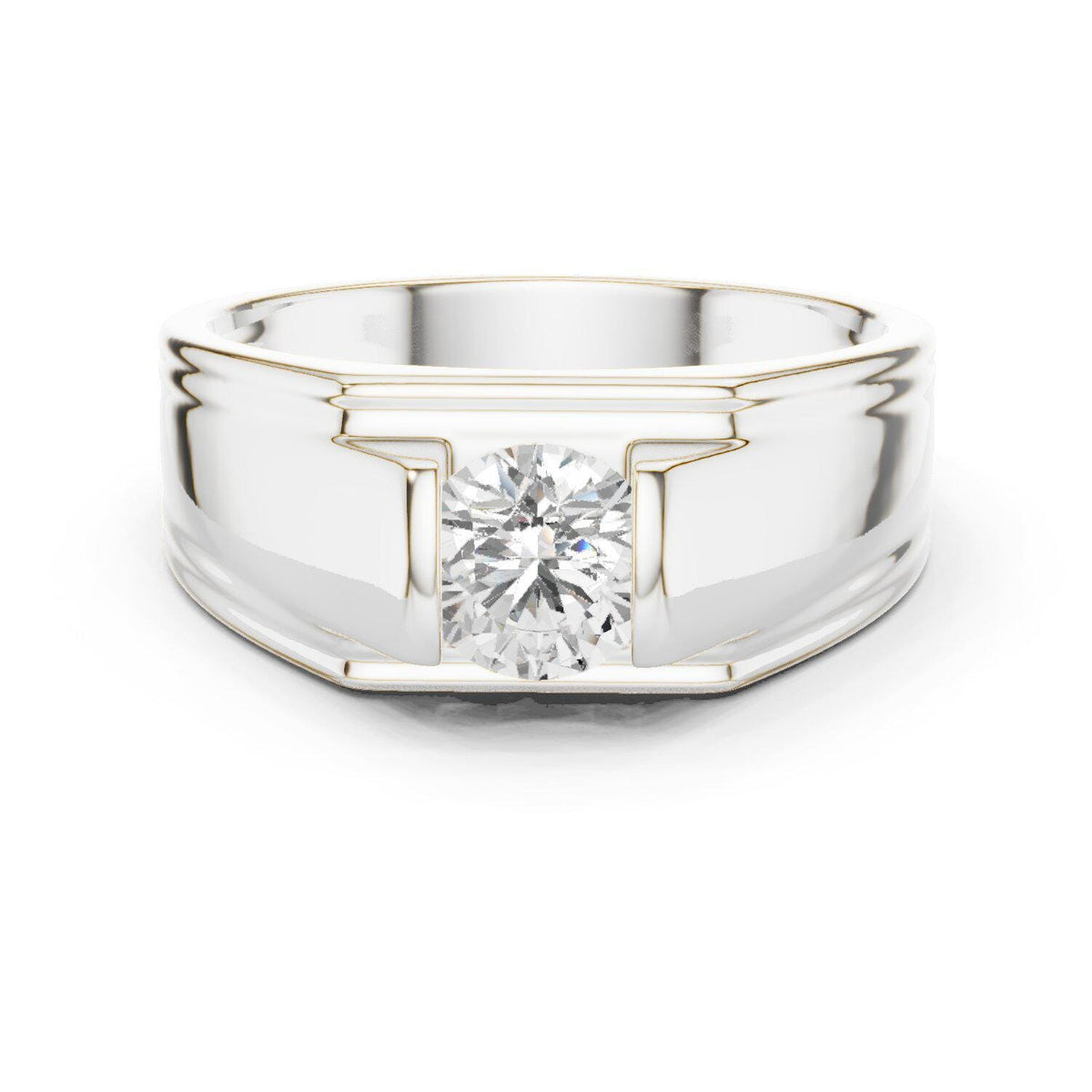 Men's Round Moissanite Ring with T-Bar Setting – 925 Sterling Silver, 18K Gold Vermeil