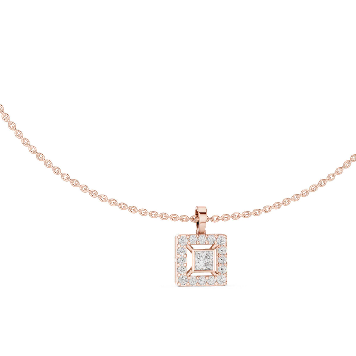 Princess Moissanite Square-Halo Pendant Necklace – 925 Sterling Silver, 18K Gold Vermeil