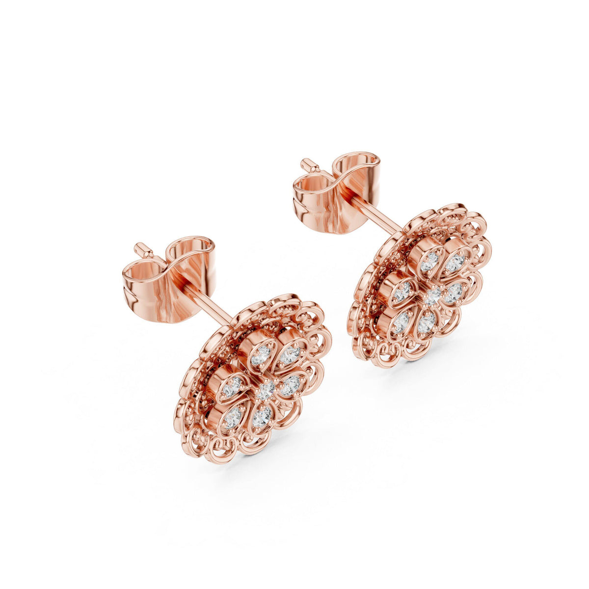 Moissanite Filigree Medallion Stud Earrings – 925 Sterling Silver, 18K Gold Vermeil