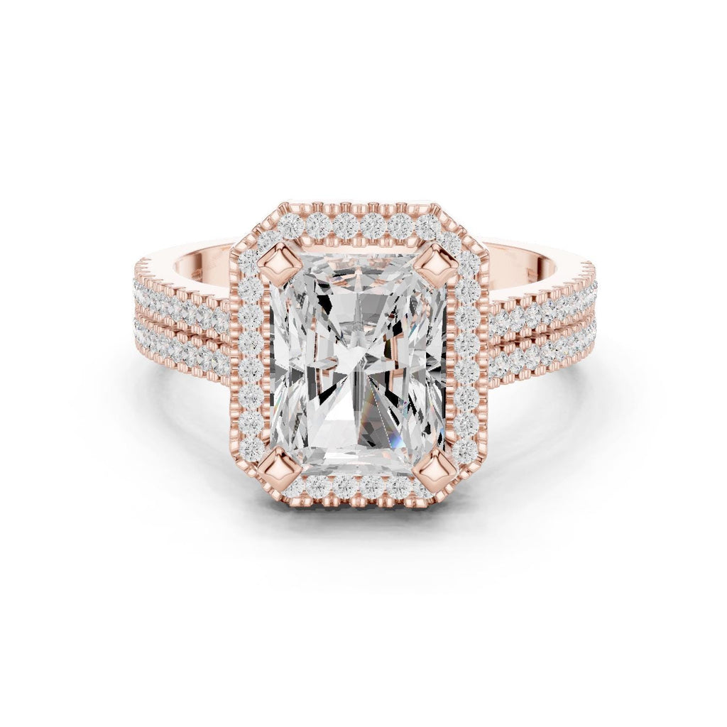 Radiant-Cut Moissanite Halo Ring with Triple-Row Pavé Band – 925 Sterling Silver, 18K Gold Vermeil