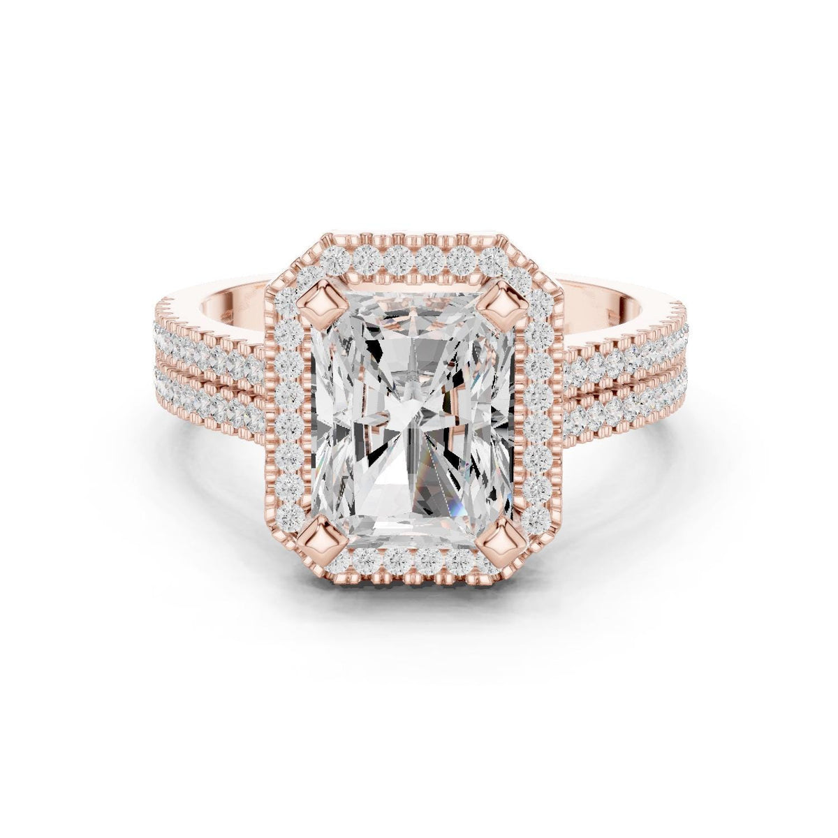 Radiant-Cut Moissanite Halo Ring with Triple-Row Pavé Band – 925 Sterling Silver, 18K Gold Vermeil