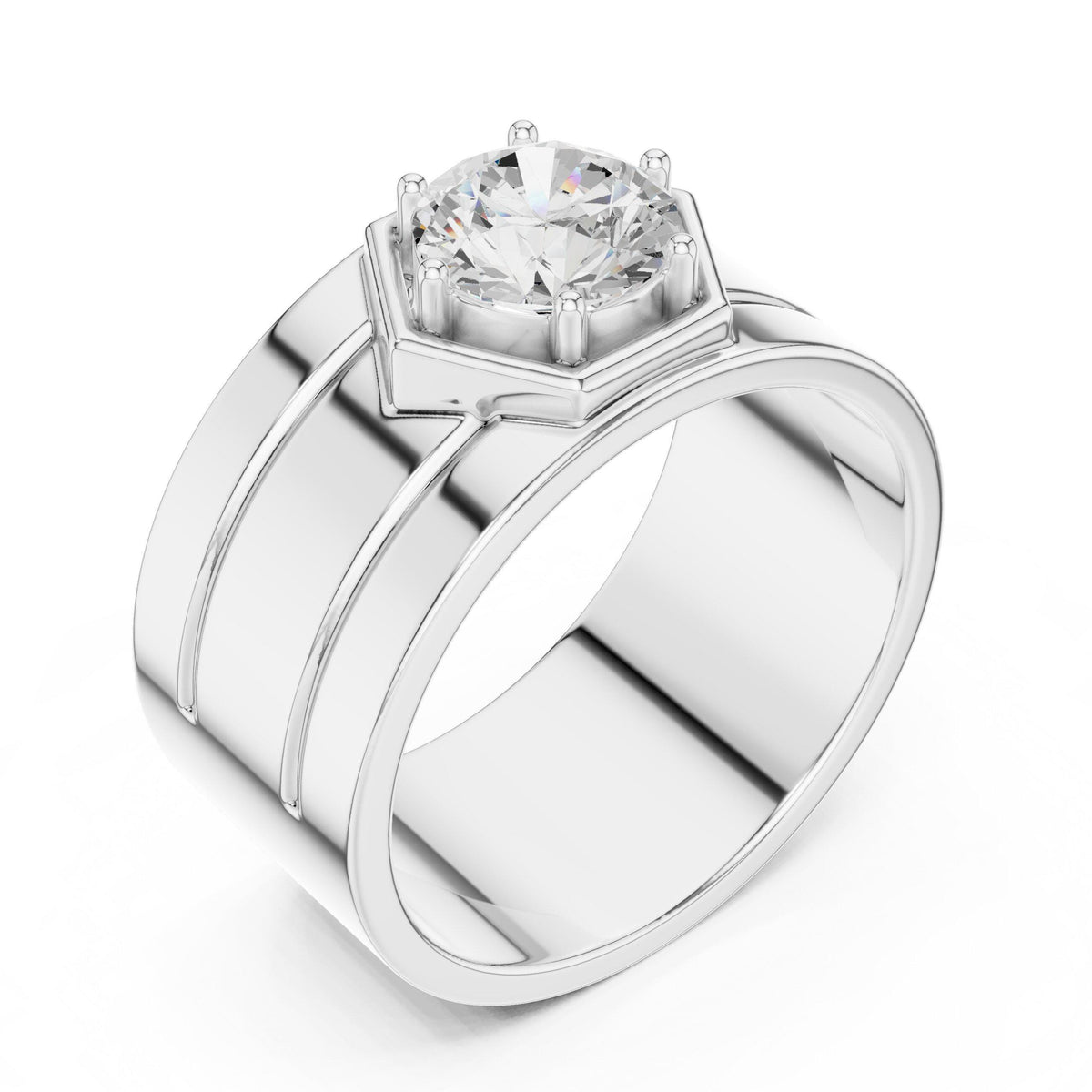 Men's Round Moissanite Ring with Hexagon Frame, Wide Band – 925 Sterling Silver, 18K Gold Vermeil