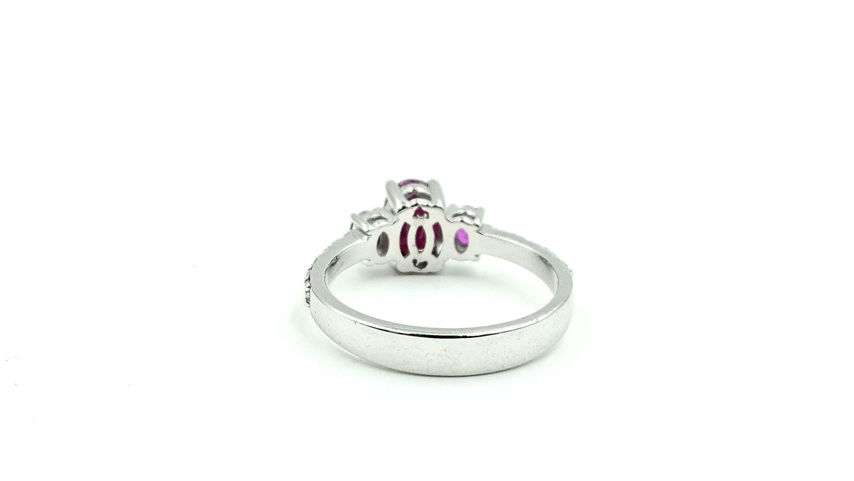 Oval Ruby Three-Stone Ring with Diamond Band – 925 Sterling Silver, 18K White Gold Vermeil