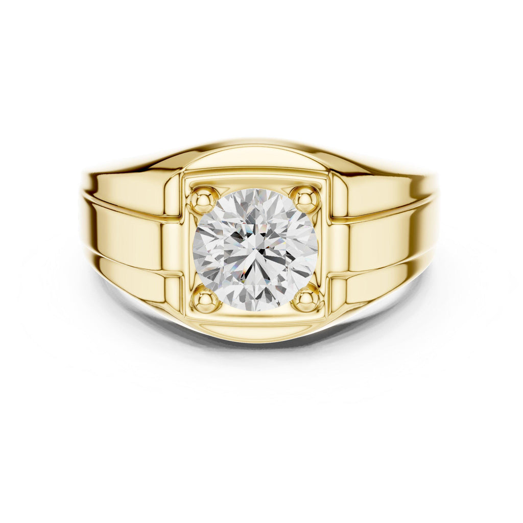 Men's Round Moissanite Signet Ring with Stepped Shoulders – 925 Sterling Silver, 18K Gold Vermeil
